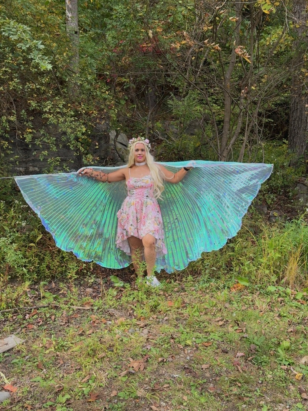 Fairy Homemade Costume-One-Piece Floral Dress with Iridescent Wing Cape.